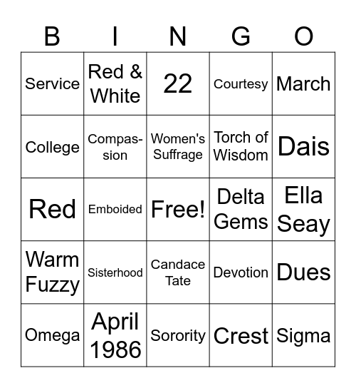 Delta Sigma Theta Sisterhood Bingo Card