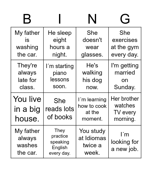 Present Simple vs Present Continuous Bingo Card