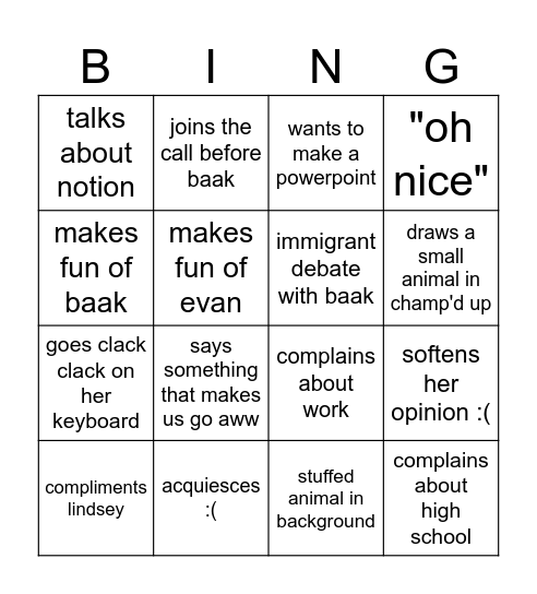 Mayuri Behavior Bingo Card