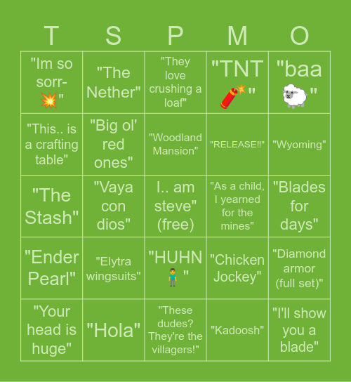 A Minecraft Movie Bingo Card