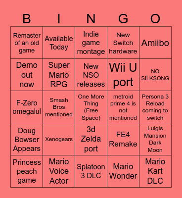 NINTENDO DIRECT 9/14 BINGO Card