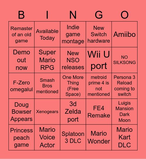 NINTENDO DIRECT 9/14 BINGO Card