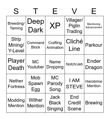 Minecraft Movie Bingo Card