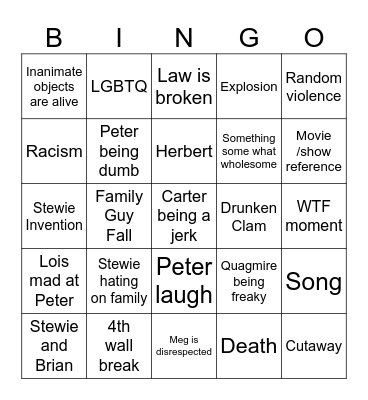 Family Guy Bingo Card