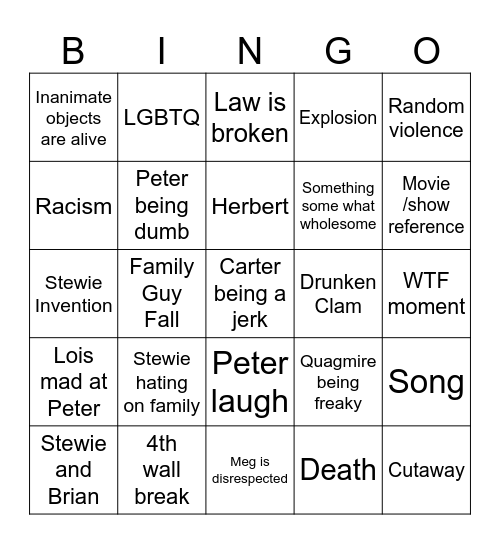 Family Guy Bingo Card