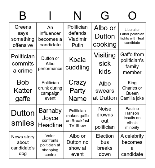 Federal Election 2025 Bingo Card