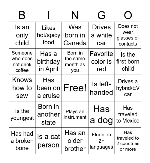 Mingle Bingo Card