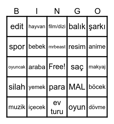 YT shorts Bingo Card