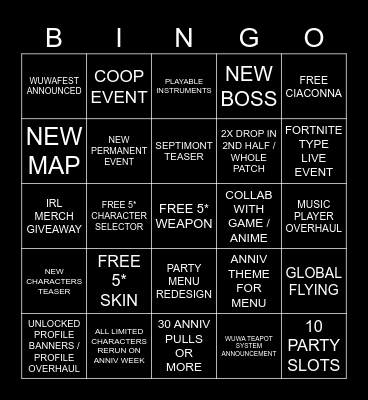 WUWA 2.3 ANNIV PREDICTIONS Bingo Card