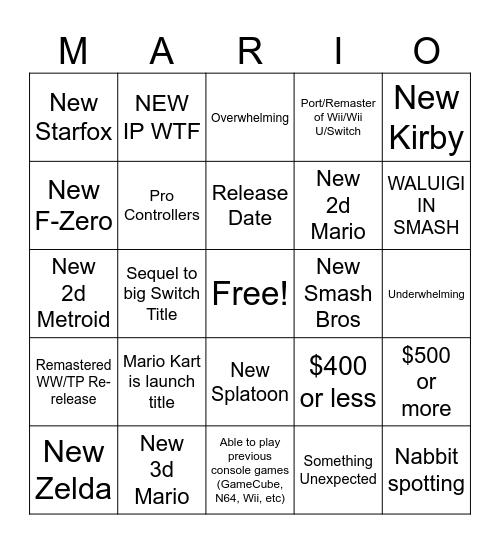 Switch 2 direct Bingo Card