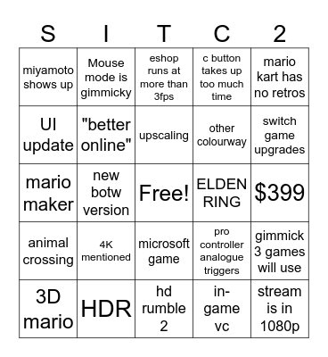 Nintendo Direct: Nintendo Switch 2 Bingo Card