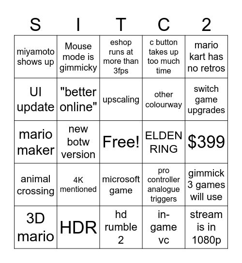 Nintendo Direct: Nintendo Switch 2 Bingo Card