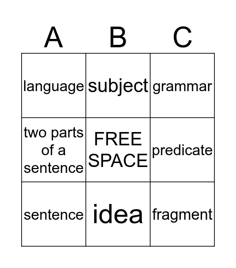 Sentence - A Subject and Its Predicate Bingo Card
