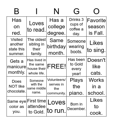 FIND A FRIEND BINGO! Bingo Card