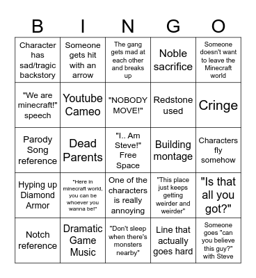 Minecraft Movie bingo Card