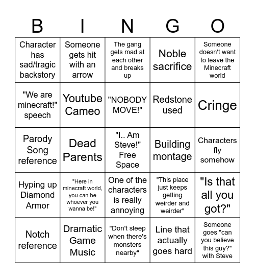 Minecraft Movie bingo Card