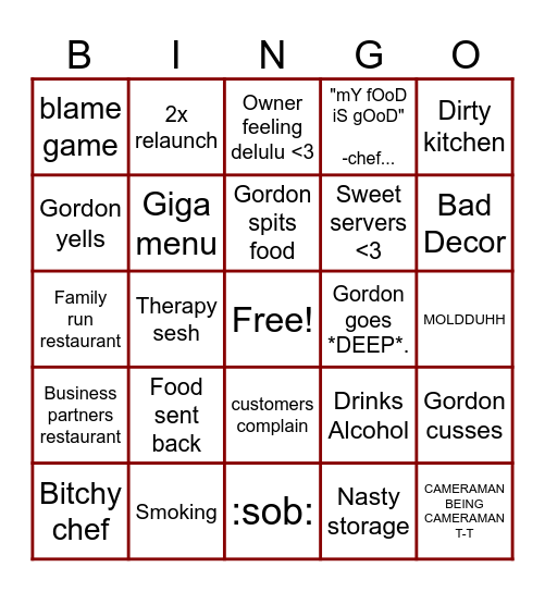 KITCHEN NIGHTMARES BINGO MUHEHE Bingo Card
