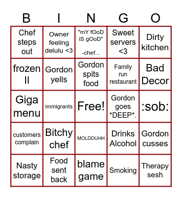 KITCHEN NIGHTMARES BINGO MUHEHE Bingo Card