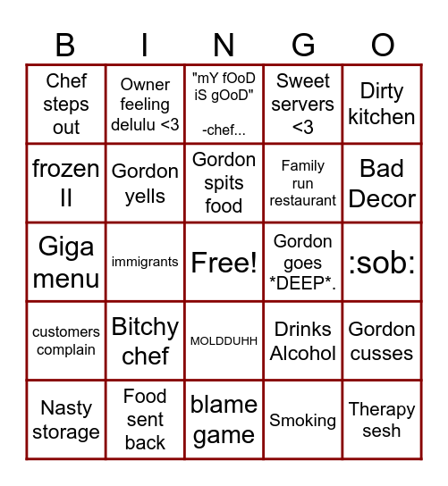 KITCHEN NIGHTMARES BINGO MUHEHE Bingo Card