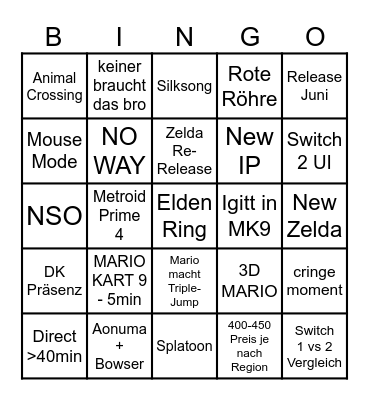 Nintendo Switch 2 Direct Bingo Card