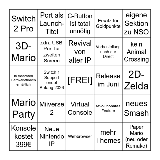 Switch 2 Direct Bingo Card