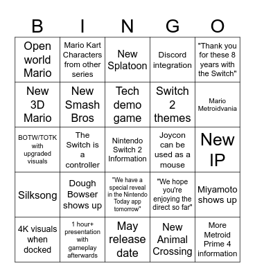 Switch 2 Direct Bingo Card