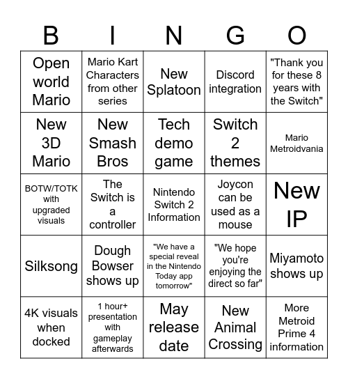 Switch 2 Direct Bingo Card