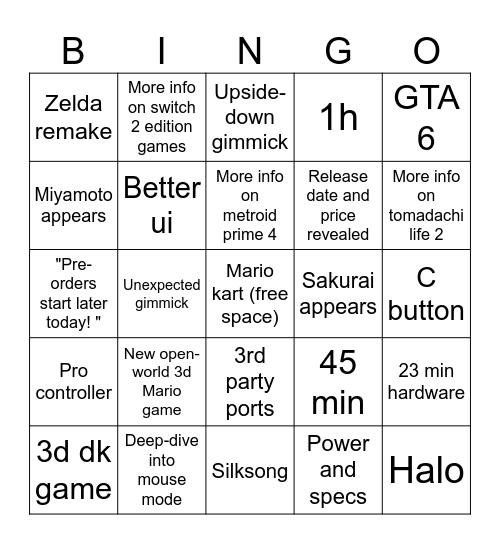 Nintendo switch 2 Nintendo direct Bingo Card