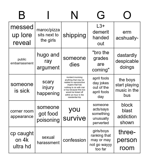 residential trip bingo of y8 Bingo Card