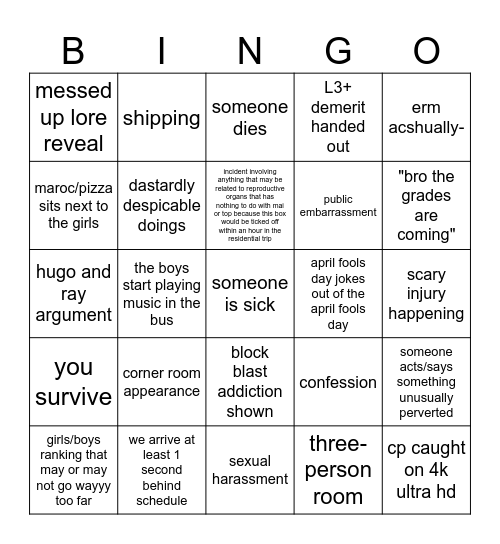 residential trip bingo of y8 Bingo Card