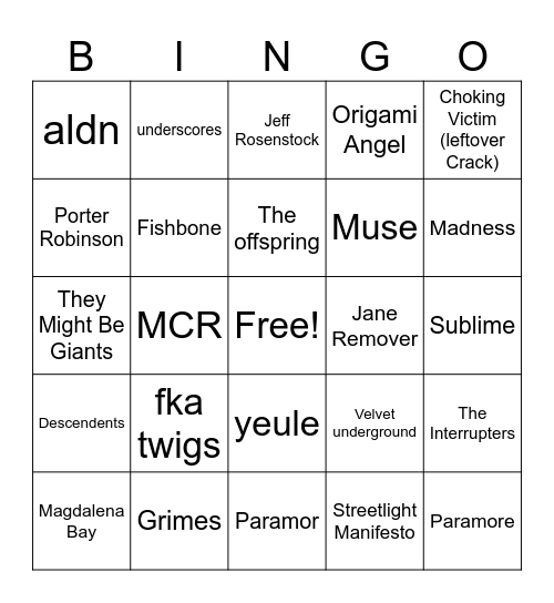 Quinn's music taste Bingo Card