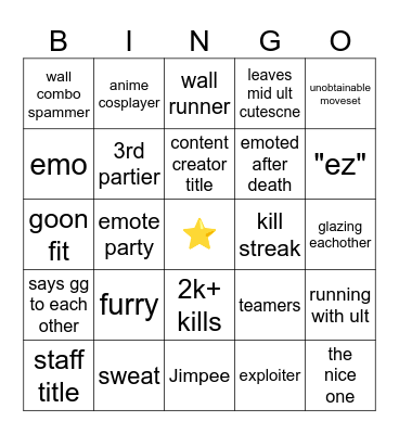 Jump Showdown Bingo Card