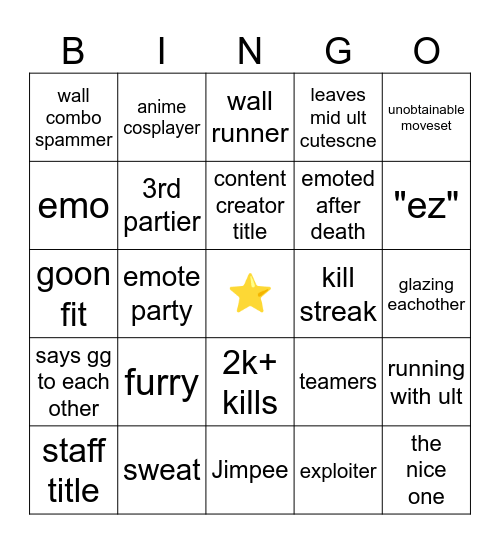 Jump Showdown Bingo Card