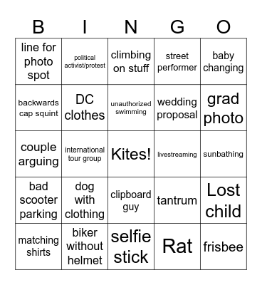 National Mall People Watching Bingo Card