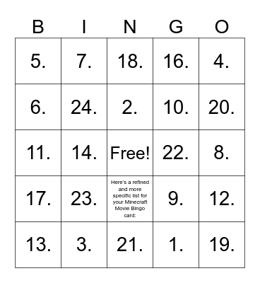 Minecraft Ts Movie Bingo Card