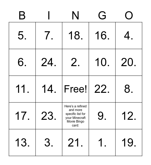 Minecraft Ts Movie Bingo Card