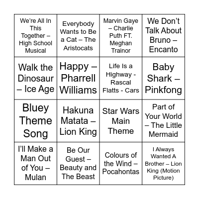 Children's Music Bingo Card