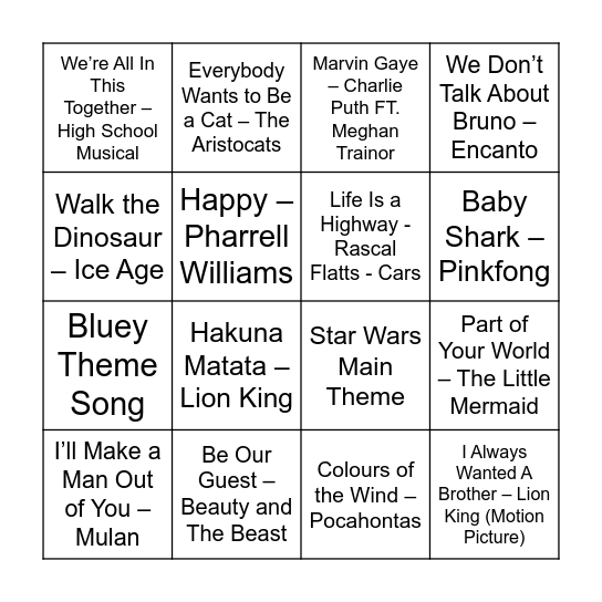 Children's Music Bingo Card