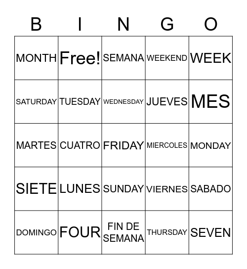 DAYS OF THE WEEK Bingo Card