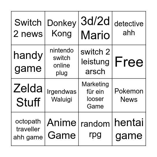 Nintendo Direct Bingo Card