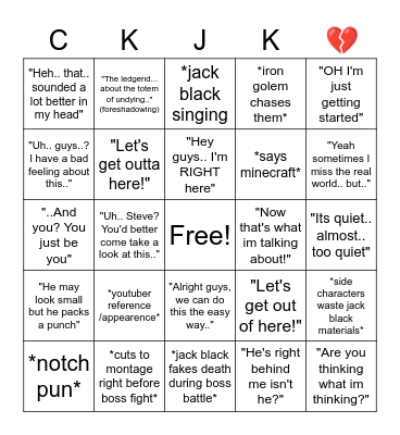 Minecraft movie bingo Card