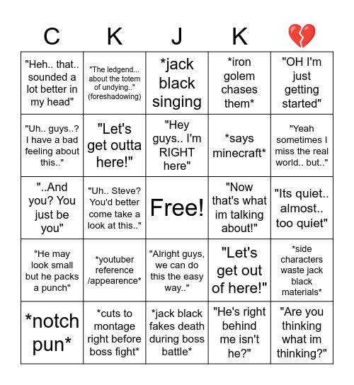 Minecraft movie bingo Card