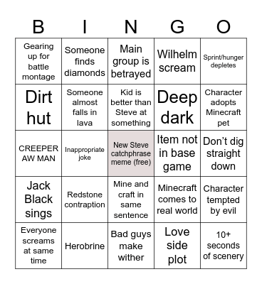 Minecraft movie bingo Card