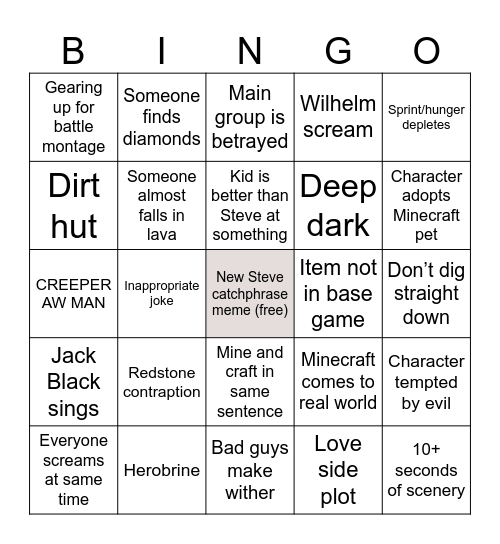 Minecraft movie bingo Card