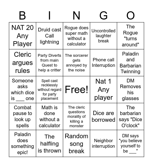 D & D Family Bingo Card