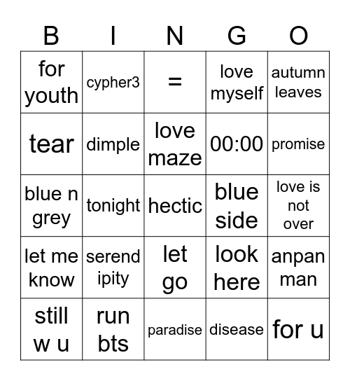 aariiiyaa Bingo Card