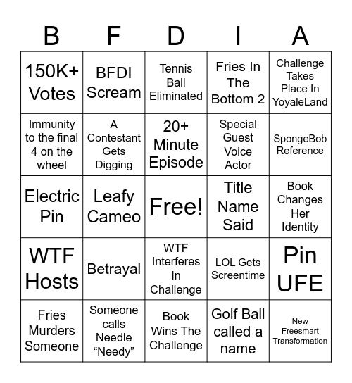 BFDIA 19 Prediction Bingo Card