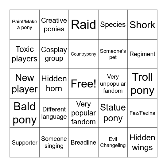 Ponytown Bingo Card