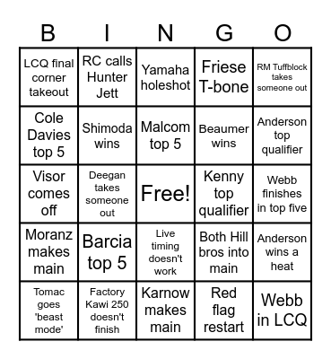 Supercross 2024 Bingo Card