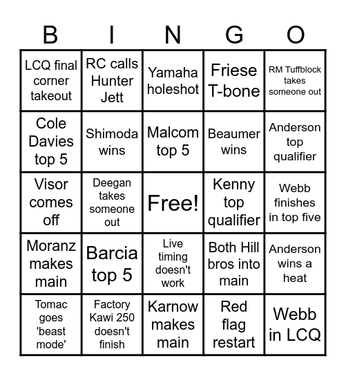 Supercross 2024 Bingo Card
